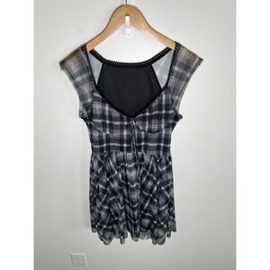 Y2K Babydoll Womens Dress S Black Whimsigoth Grunge Skater Punk Plaid Sheer